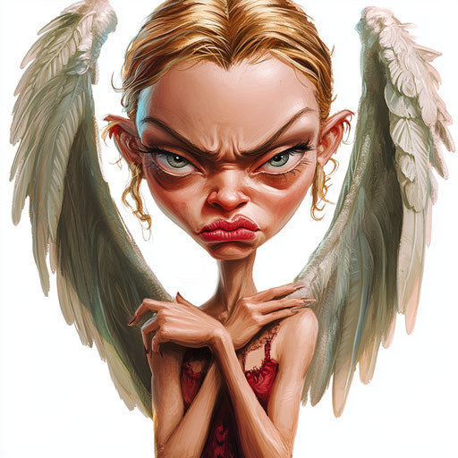 Humorous caricature of an angel with human characteristics