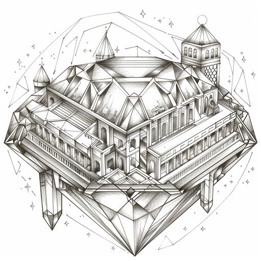 Realistic diamond with architectural elements, Stephen Wiltshire style, Coloring book page