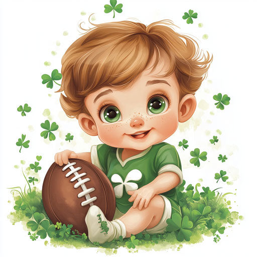 St. Patrick's Day baby with football, clipart sublimation background, green shamrocks around him, cute and happy, high resolution, high detail, colorful
