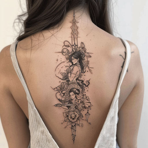 Dynamic comic-inspired spine tattoo for women