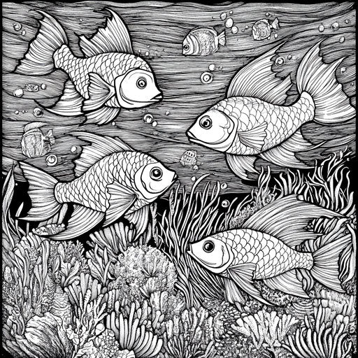 Rainbow fish in a detailed seascape, in the style of Stephen Wiltshire, Coloring book page