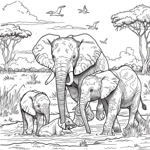 Realistic elephant family in their natural habitat