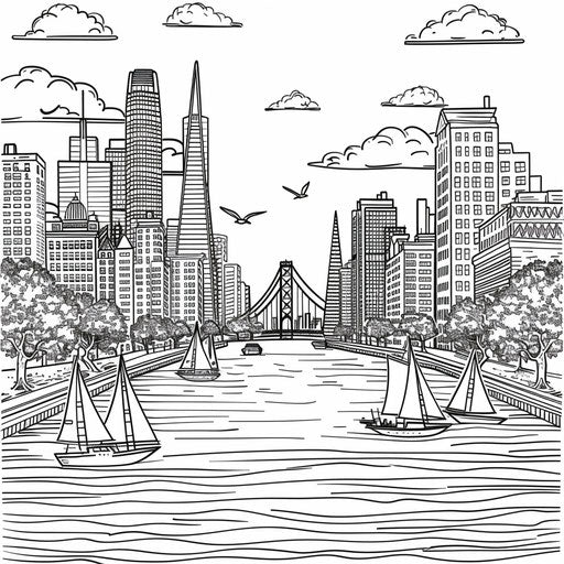 Urban view with river and sailing boats