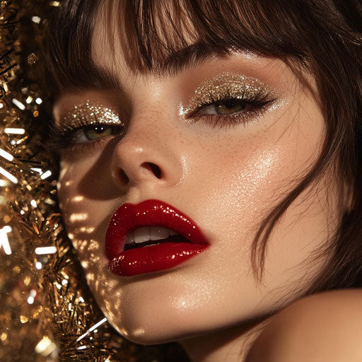 Glamorous holiday makeup: sparkling eyeshadow and bold red lips