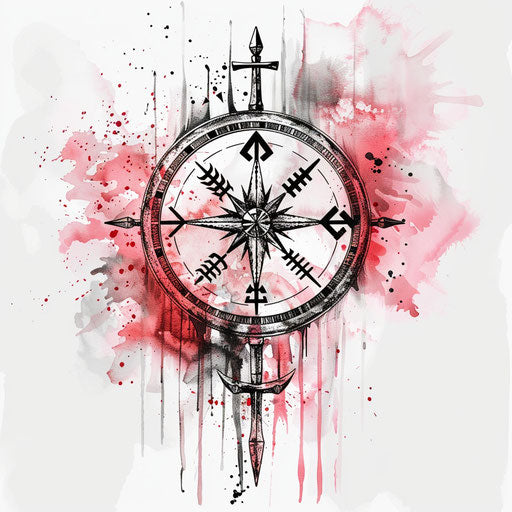 Romantic Viking compass sketch with pink and red tones