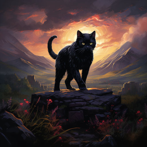 Black cat walking in a field with rocks and mountains