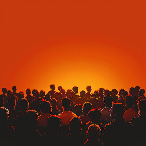 Realistic audience on sunset orange background, bold shadows and vibrant details