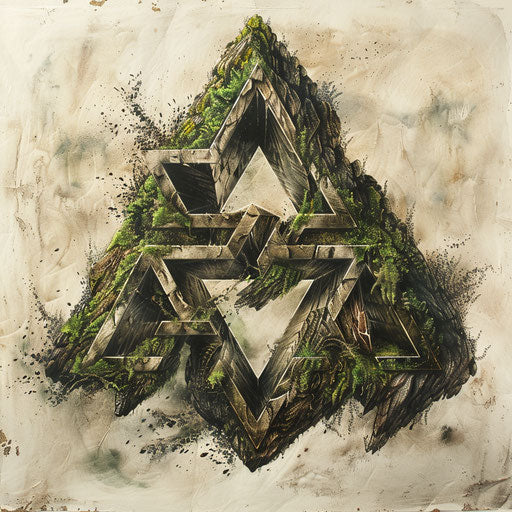 Rough stone texture tattoo sketch of a Valknut with moss green and earth tones