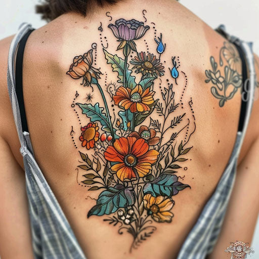Surreal wildflower tattoo, dreamlike elements, unusual colors