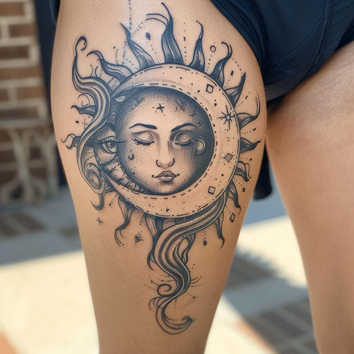 Tribal sun and moon thigh tattoo