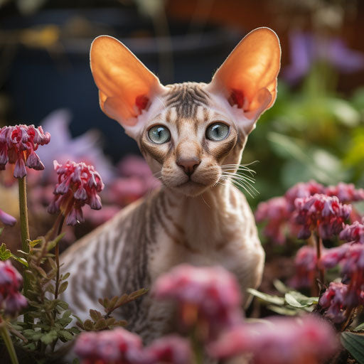 Cornish Rex cat in a flower bed with beautiful flowers