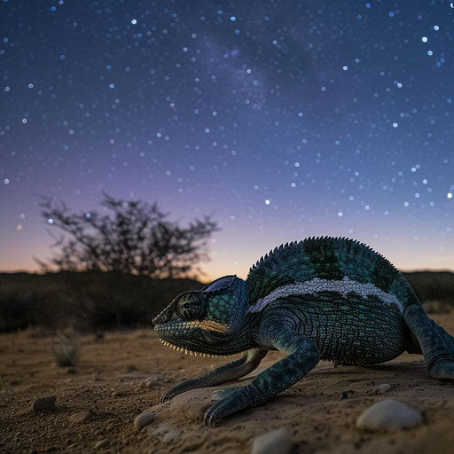 Chameleon under the starlit sky of a desert night