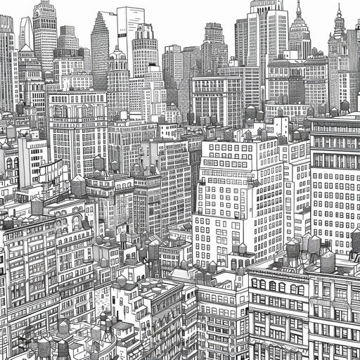 Detailed cityscape with hidden elements, in the style of Stephen Wiltshire, Coloring book page
