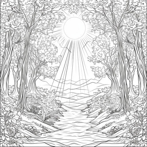 Enchanted forest bathed in magical sunlight