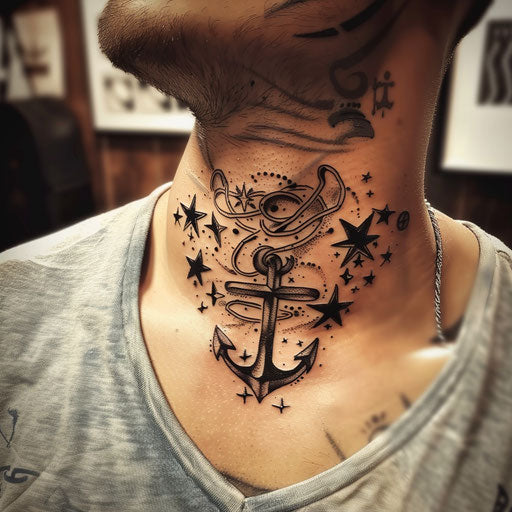 Men's neck tattoo with classic anchor and nautical stars