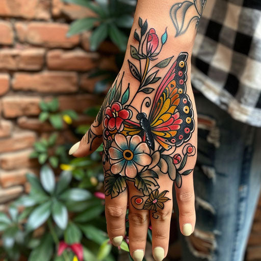 Butterfly hand tattoo with whimsical themes