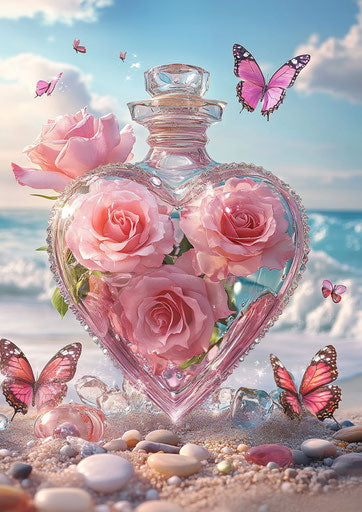 3D diamond painting, heart-shaped glass bottle with pink roses and butterflies on beach background, surrounded by pebbles, in pink color scheme