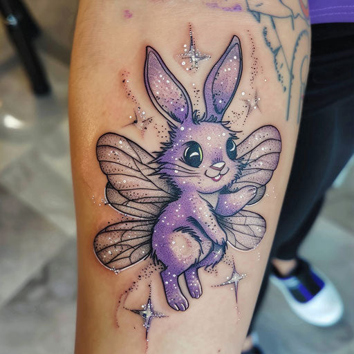 Magical tattoo sketch of a bunny with fairy wings and stardust in lilac and silver
