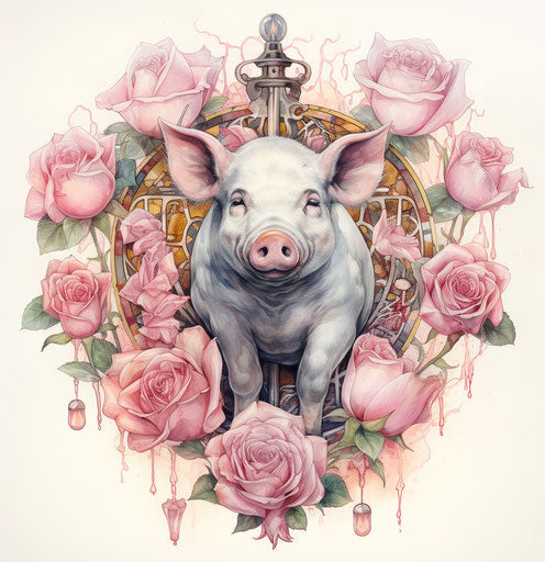 Pink pig standing in a heart-shaped rose flower