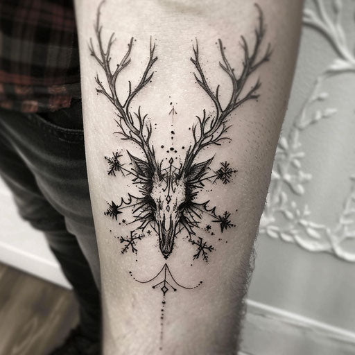 Stylish flat sketch of a Wendigo with art deco-inspired snowflakes