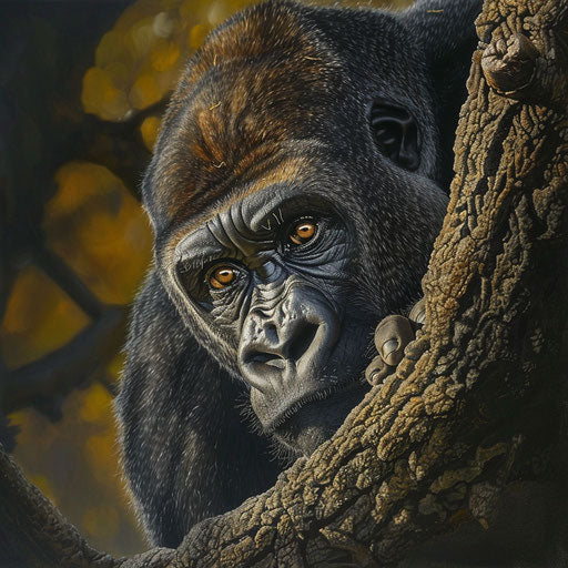 Peaceful gaze of a western lowland gorilla against a tree trunk