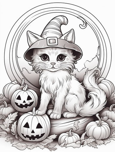 Cute cat sitting in witch hat and pumpkins coloring page Halloween