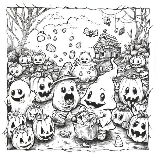 Cheerful scene of ghosts and goblins gathering candy corn