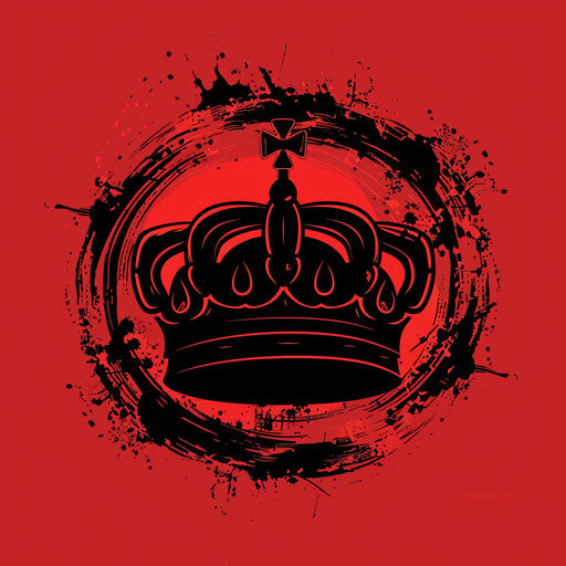 Crown logo in black and red with a bold background