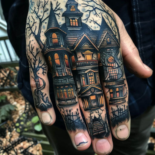 Knuckle tattoos of a haunted house
