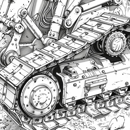 Detail of bulldozer tracks and blade, mechanical details, coloring book page