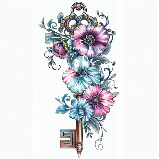 Clipart style tattoo sketch of an ornate key with floral embellishments in pastel colors