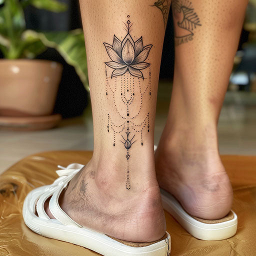 Ankle tattoos in Ami James style with delicate lotus flower