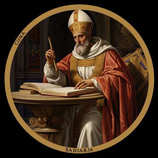 Round sticker of St. Abbate Claudius in avocadopunk style