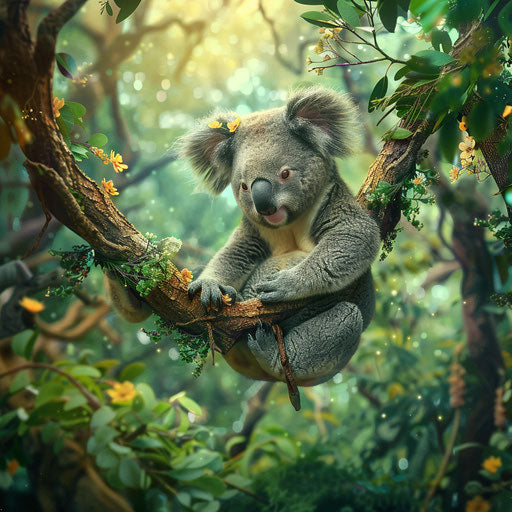 Koala bear in a whimsical woodland setting