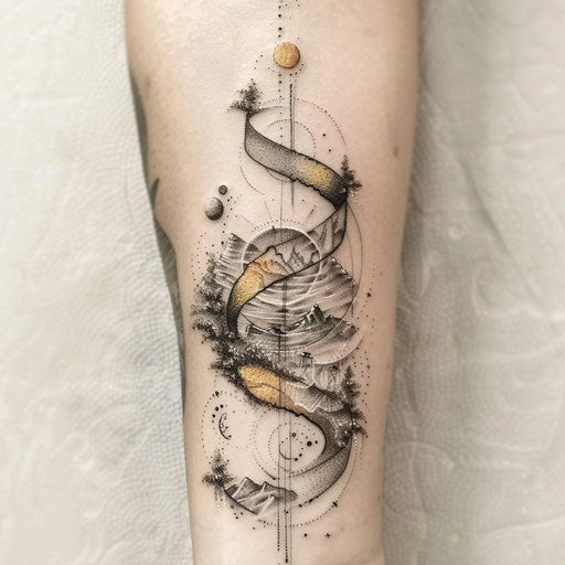 Surreal ribbon tattoo sketch with dreamlike landscapes