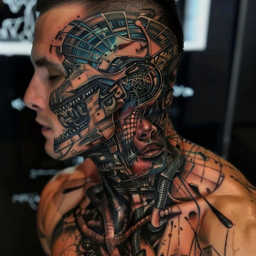 Mental health tattoos in J.P. Targete style with futuristic