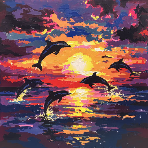 A vibrant sunset over the ocean with silhouettes of dolphins jumping
