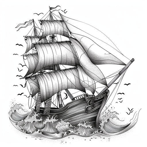 Detailed linework of a ship on rough seas