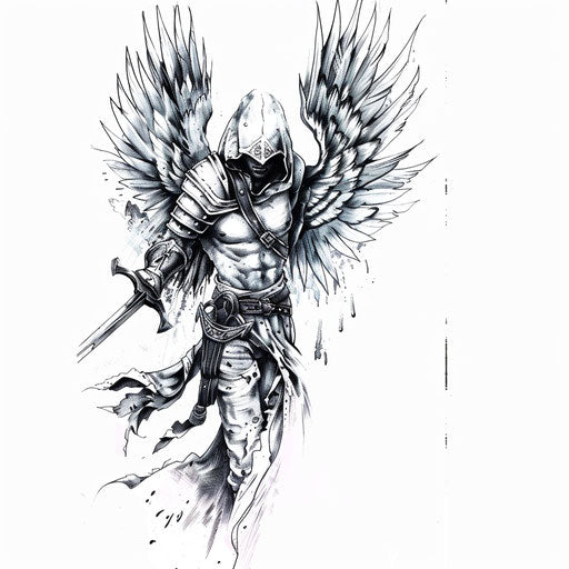Warrior guardian angel tattoo, armed and vigilant