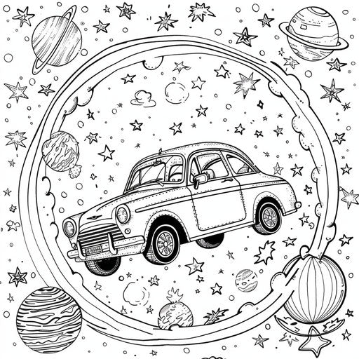 Flying car in space with stars and planets