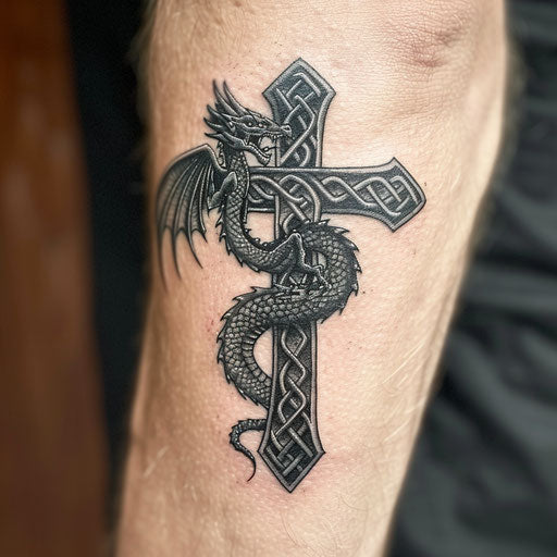 Celtic cross tattoo with coiled dragon, symbolizing power and mystery on bright white background