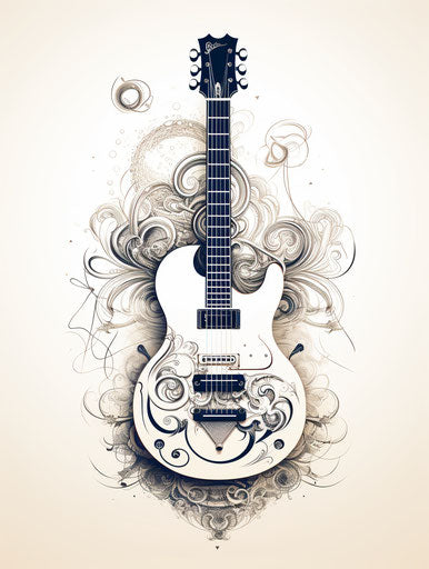 Electric guitar with heart shaped design, intricate dotwork style