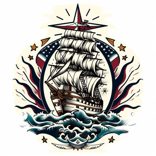 Navy tattoo with battleship and ocean waves