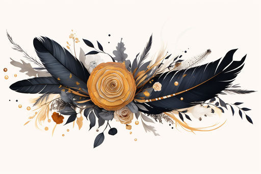 Feather tattoo with flowers in black and white