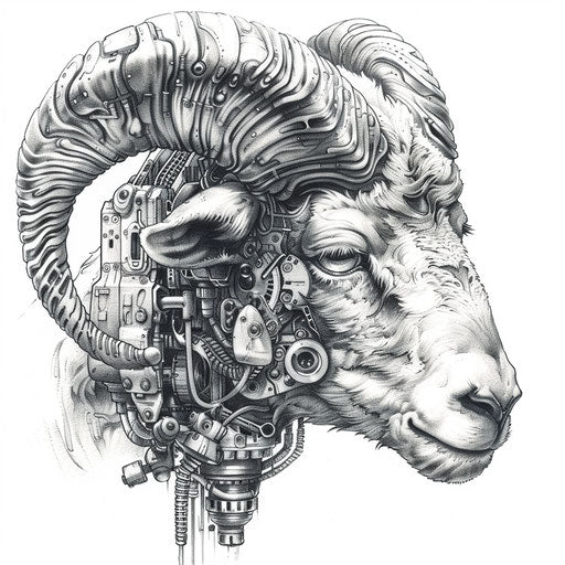 Biomechanical style black sheep tattoo on white background