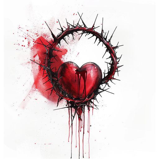 Crown of thorns surrounding a heart, red and black tattoo design on white