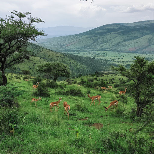 Family of gazelles grazing on the lush slopes of the Great Rift Valley