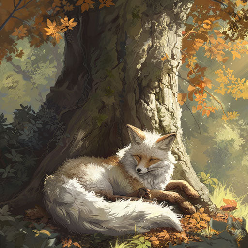 White tail fox resting in shade of ancient tree