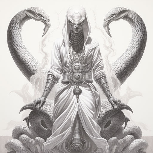 Egyptian ruler with two snakes in mystic symbolism