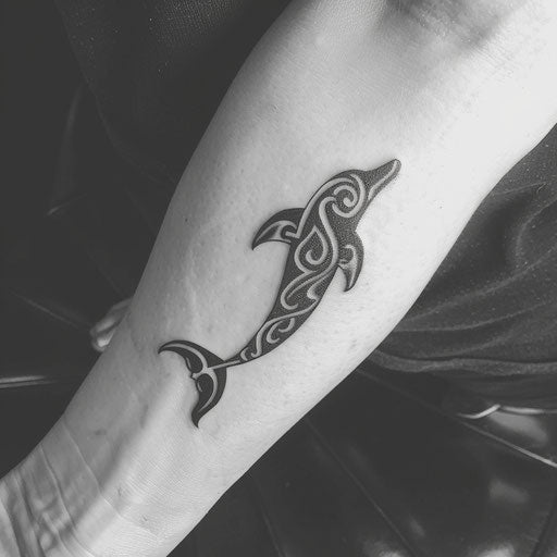 Tribal dolphin tattoo in black ink on white background